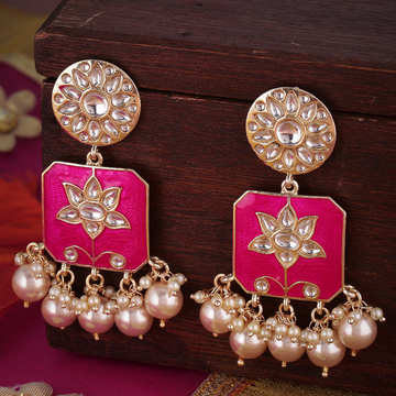 Pink Classic Lotus Motif Enamel Drop Earrings