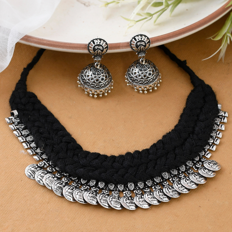 Silver-Plated Oxidised Coins Black Short Necklace