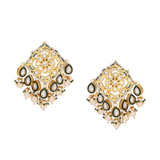 Green Gold-plated Kundan Beaded Drop Earrings