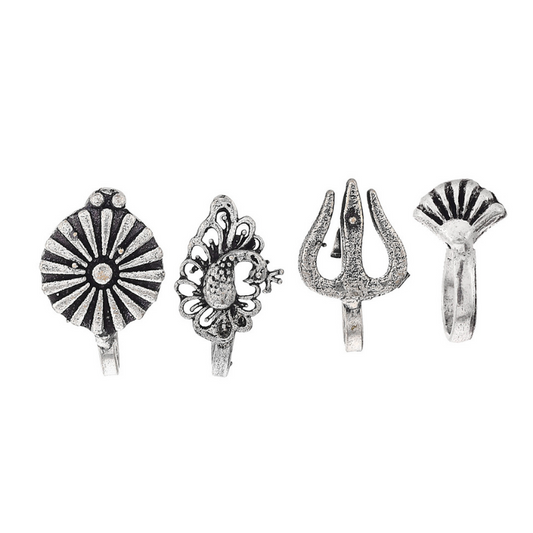 Set of 4 Silver-Plated Oxidised Clip on Nosepins