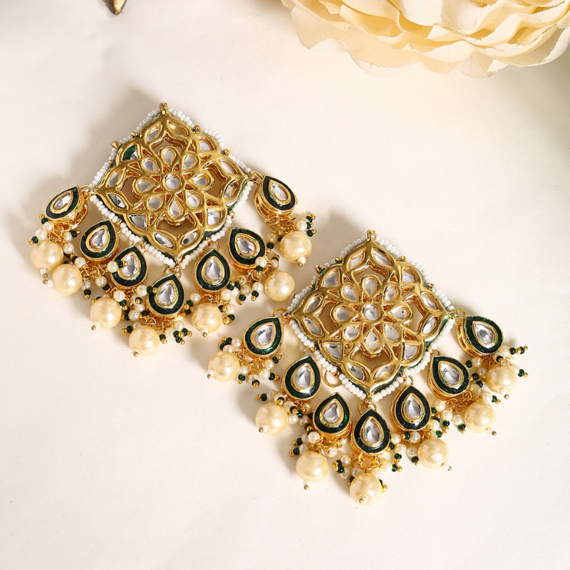 Green Gold-plated Kundan Beaded Drop Earrings