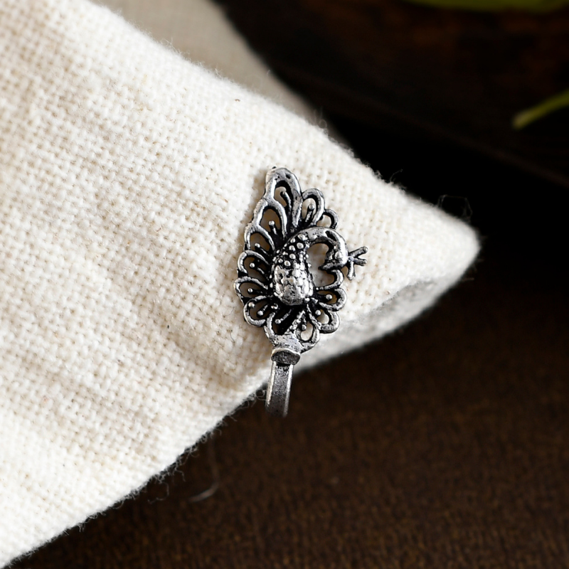 Oxidised Silver-Plated Peacock Clip on Nosepins