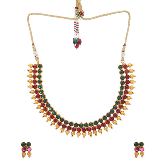 Gold-Plated Green Red Stone Studded Short Necklace