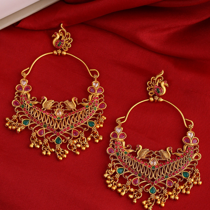 Gold-Plated Red Peacock Shaped Drop Earrings