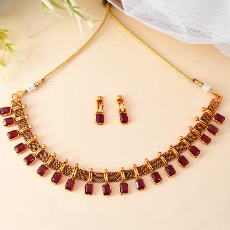 Gold Plated Maroon Stone Studded Short Necklace