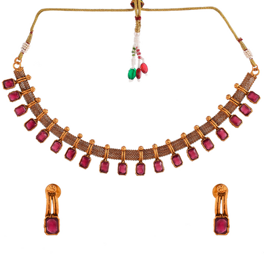 Gold Plated Maroon Stone Studded Short Necklace