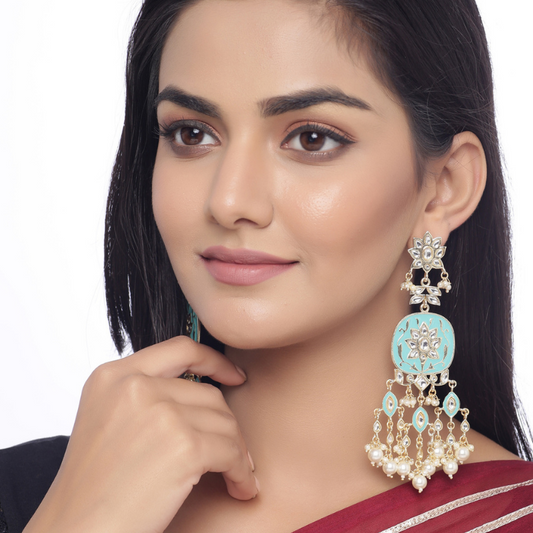 Turquoise blue Gold-plated Kundan Drop Earrings