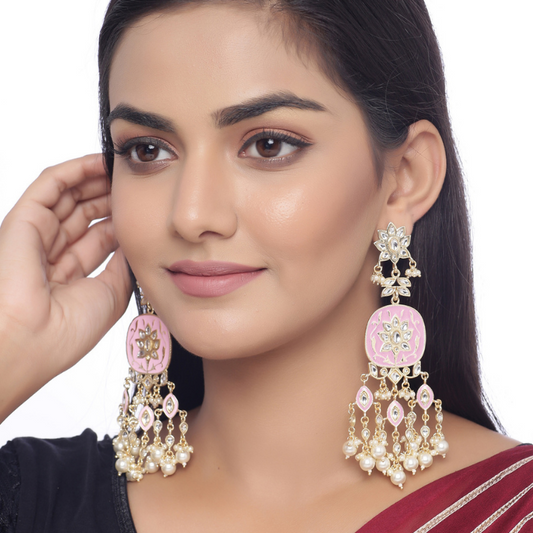 Pink Gold-plated Kundan Drop Earrings