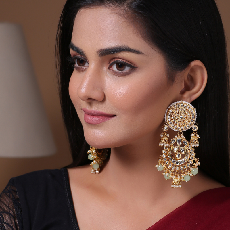 Lime Green Gold-plated Kundan Drop Earrings