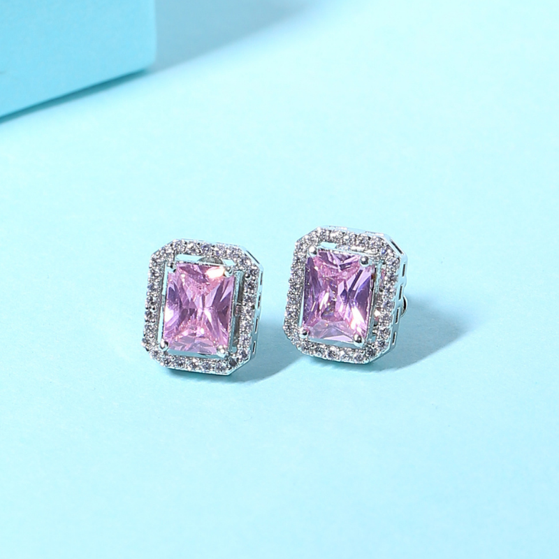 Silver-Plated Pink AD Diamond Studs