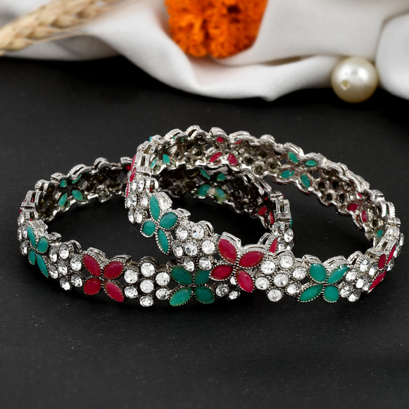 Set Of 2 Silver-Plated Stone-Studded Bangles