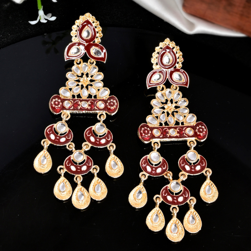 Maroon Gold-Plated Kundan Designed Drop Earrings