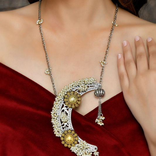 Silver-Plated Oxidised Beaded Long Necklace