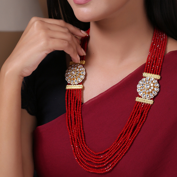 Red Beaded Gold-Plated Kundan Long Necklace