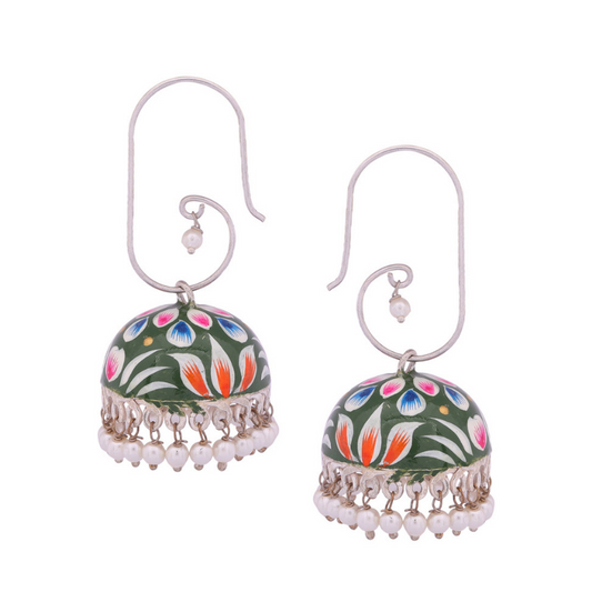 Green Meenakari Silver-plated Jhumkas