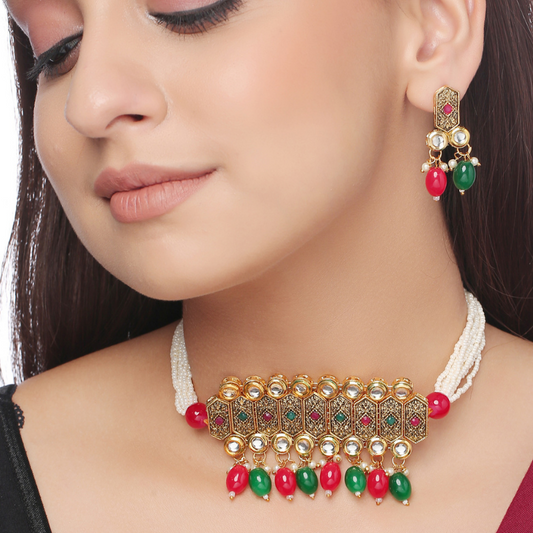 Gold-Plated Red Green Kundan Studded Choker