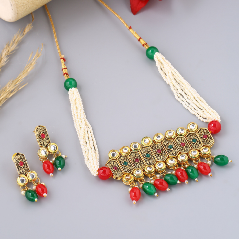 Gold-Plated Red Green Kundan Studded Choker