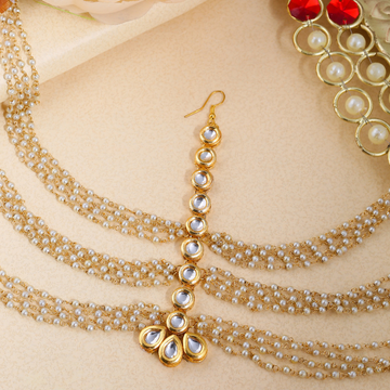 Gold-Plated White Kundan Studded & Beaded Mathapatti