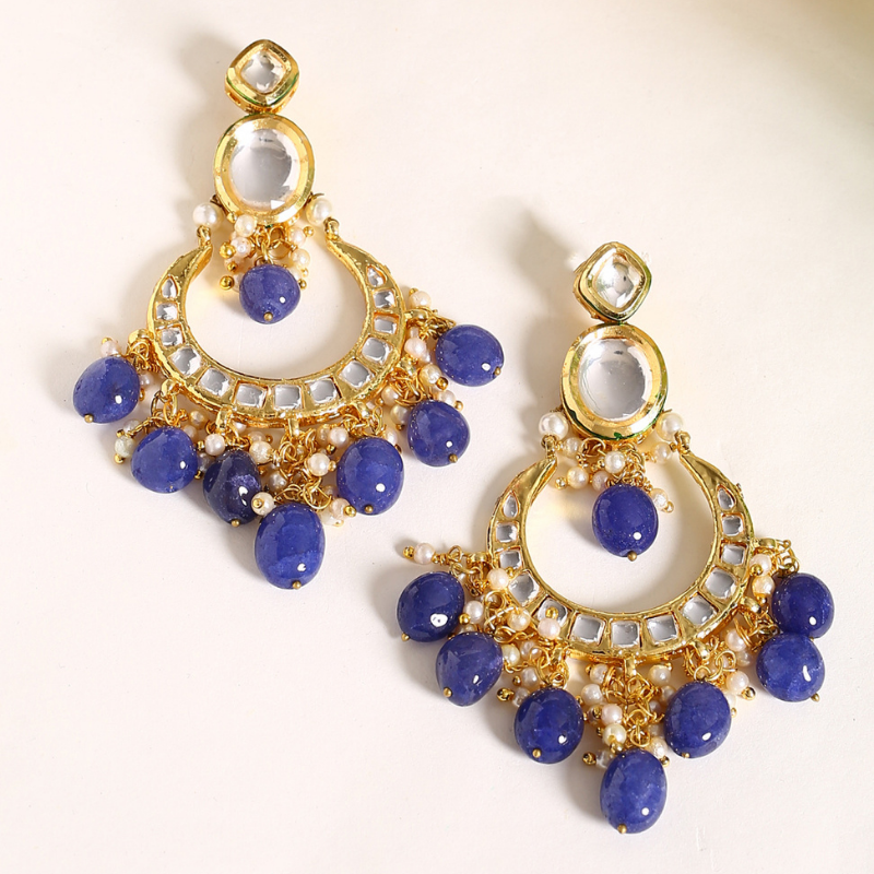 Blue Gold-plated Kundan Studded Drop Earrings