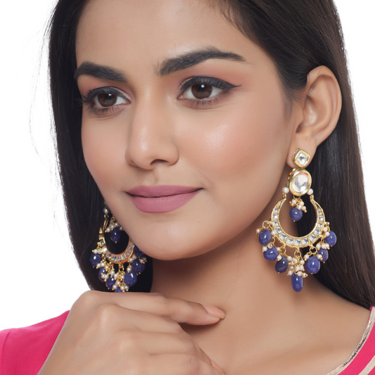 Blue Gold-plated Kundan Studded Drop Earrings