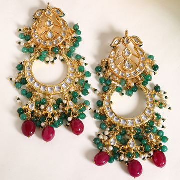 Green Pink Gold-Plated Kundan Classic Drop Earrings