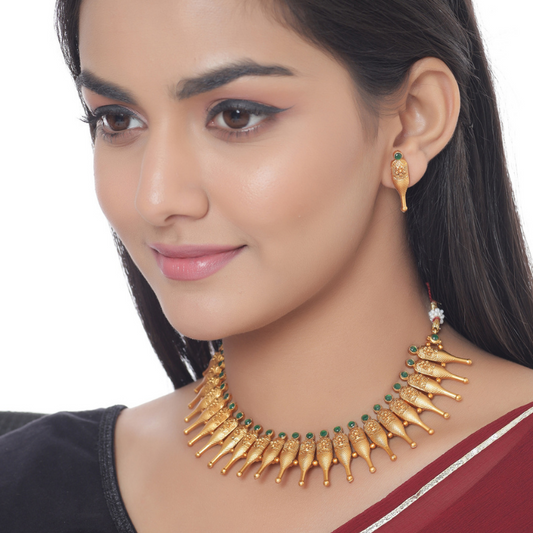 Gold-Plated  Green Stone Studded Short Necklace