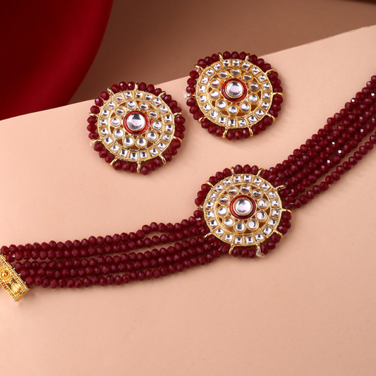 Gold-Plated Maroon Kundan Studded Onyx Choker