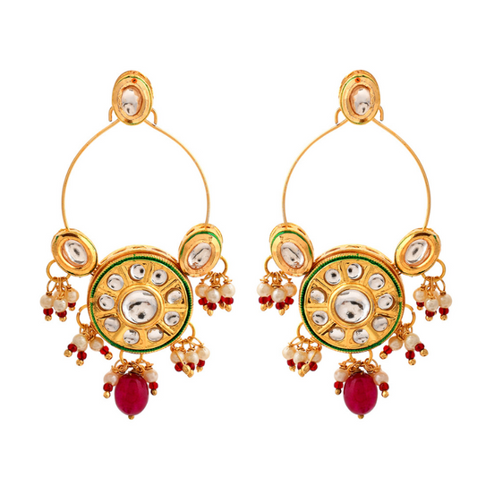 Gold-Plated Maroon Kundan Drop Earrings