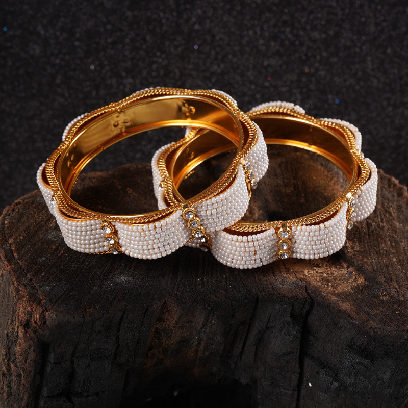 Set of 2 Gold-Plated White Beaded Bangles