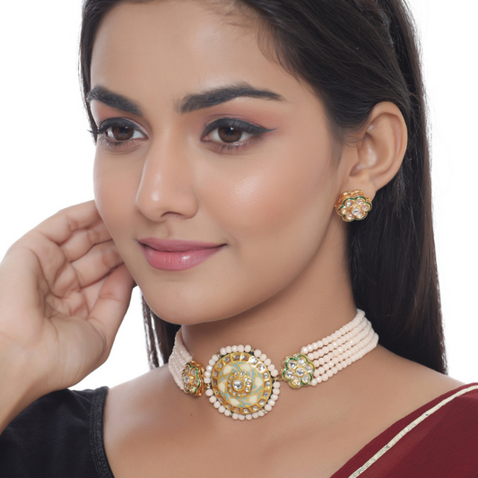 Peach Gold-Plated Kundan-Studded Enamel Choker