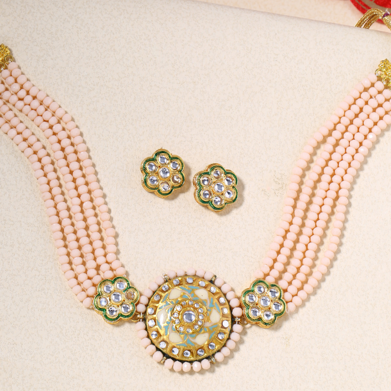 Peach Gold-Plated Kundan-Studded Enamel Choker