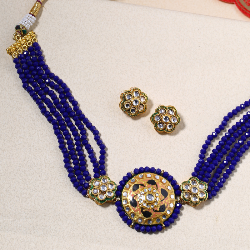 Blue Gold-Plated Kundan-Studded Enamel Choker