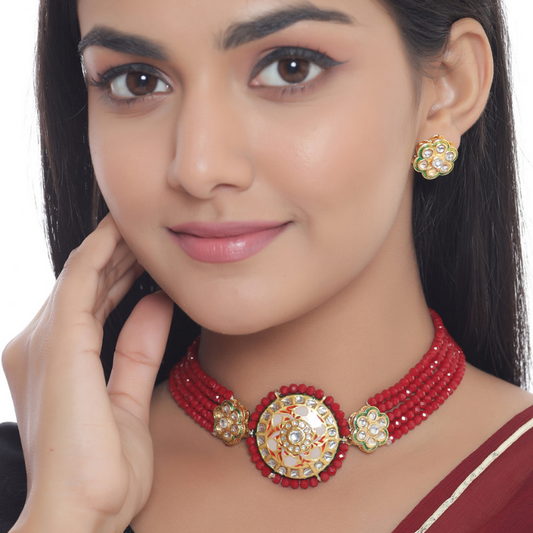 Red Gold-Plated Kundan-Studded Enamel Choker