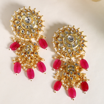 Magenta Pink Gold-Plated Kundan Drop Earrings