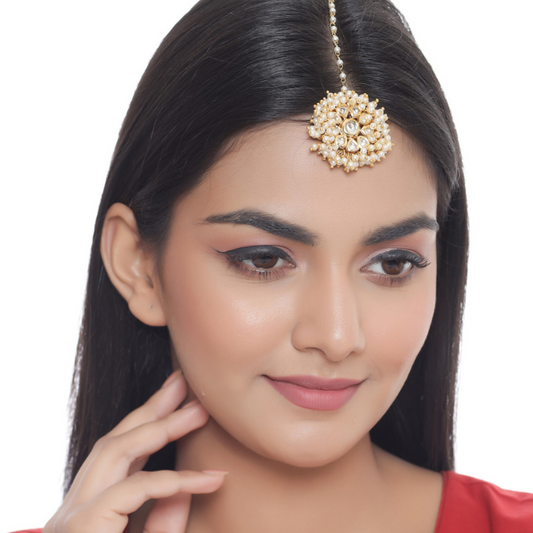 Gold-Plated  White Pearl Beaded Maangtika