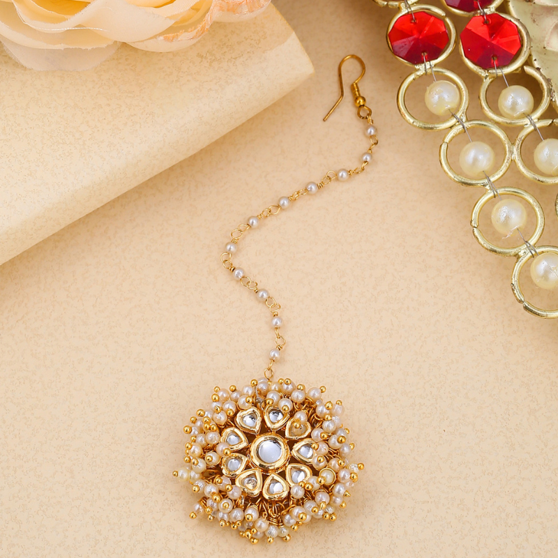 Gold-Plated  White Pearl Beaded Maangtika