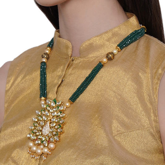 Green Gold-Plated Kundan Studded Long Necklace