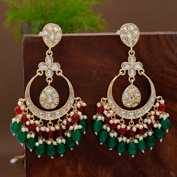 Red Green Gold-plated Kundan Drop Earrings