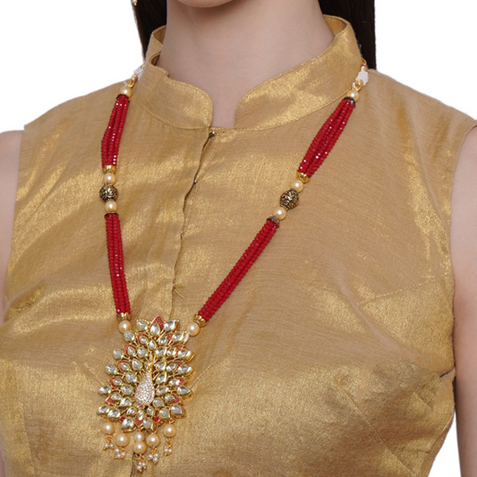 Red Gold-Plated Kundan Studded Long Necklace