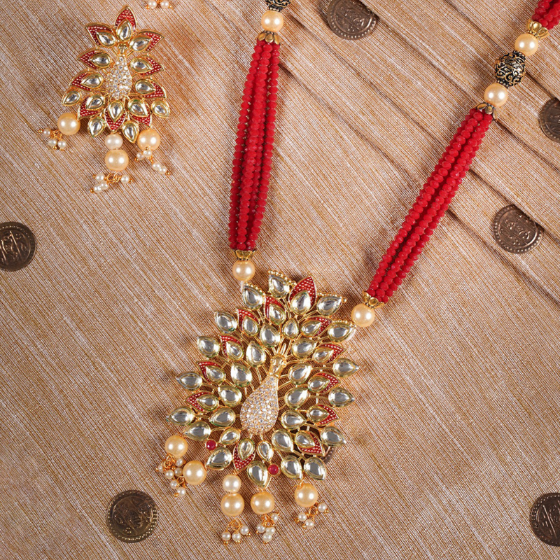 Red Gold-Plated Kundan Studded Long Necklace