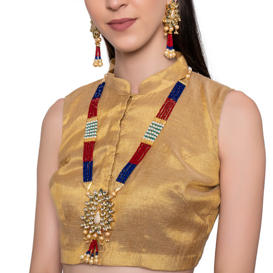 Blue Red Gold-Plated Kundan Studded Long Necklace