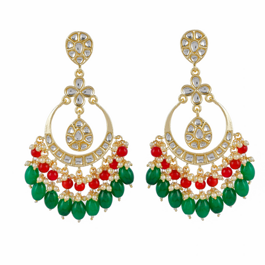 Red Green Gold-plated Kundan Drop Earrings