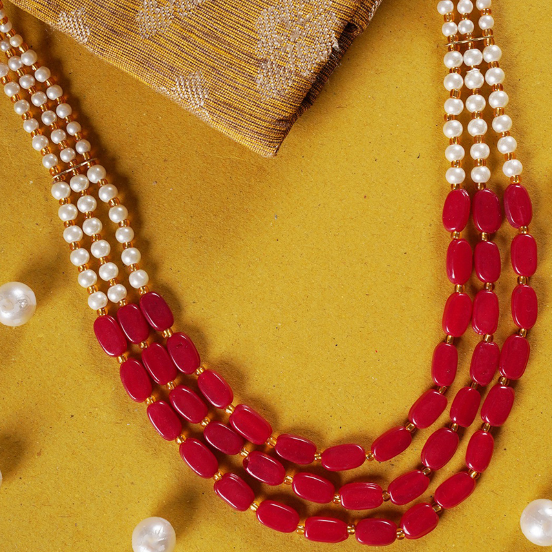 Red Gold-Plated Kundan Layered Long Necklace