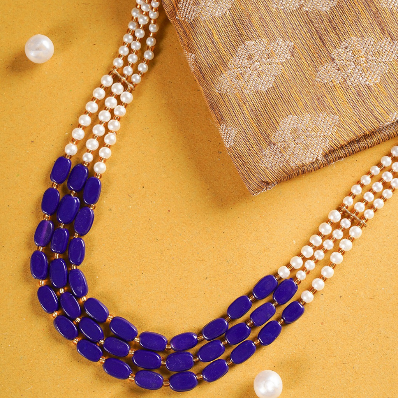 Blue Gold-Plated Kundan Layered Long Necklace