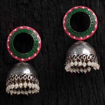 Silver-Plated  Green Dome Shaped Jhumkas