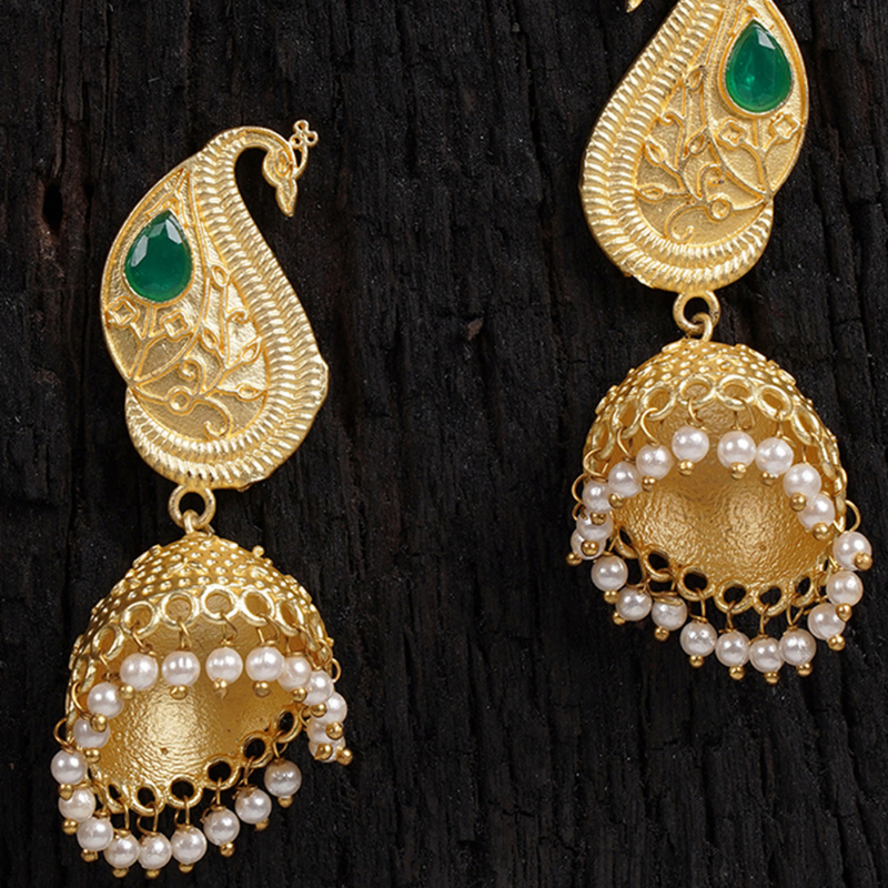 Gold-Toned  Green Peacock Shaped Jhumkas