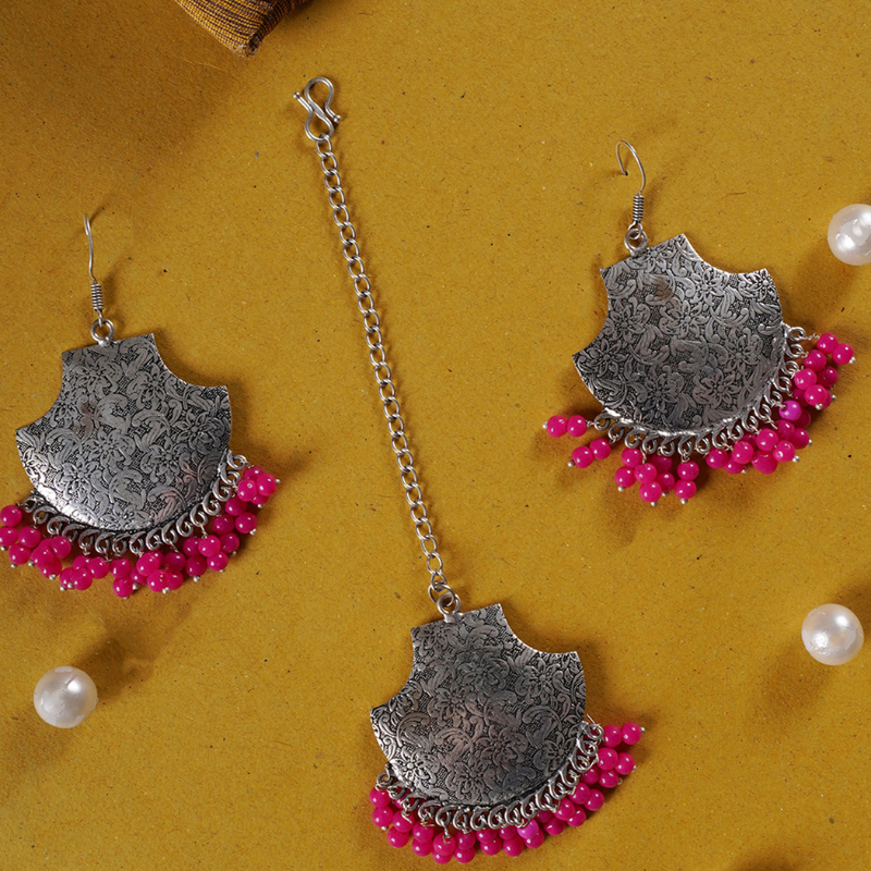 Magenta  Silver-Plated Oxidised Beaded Earrings with Maangtika