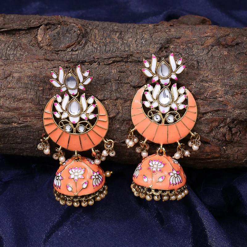 Peach Gold Plated Kundan Jhumkas