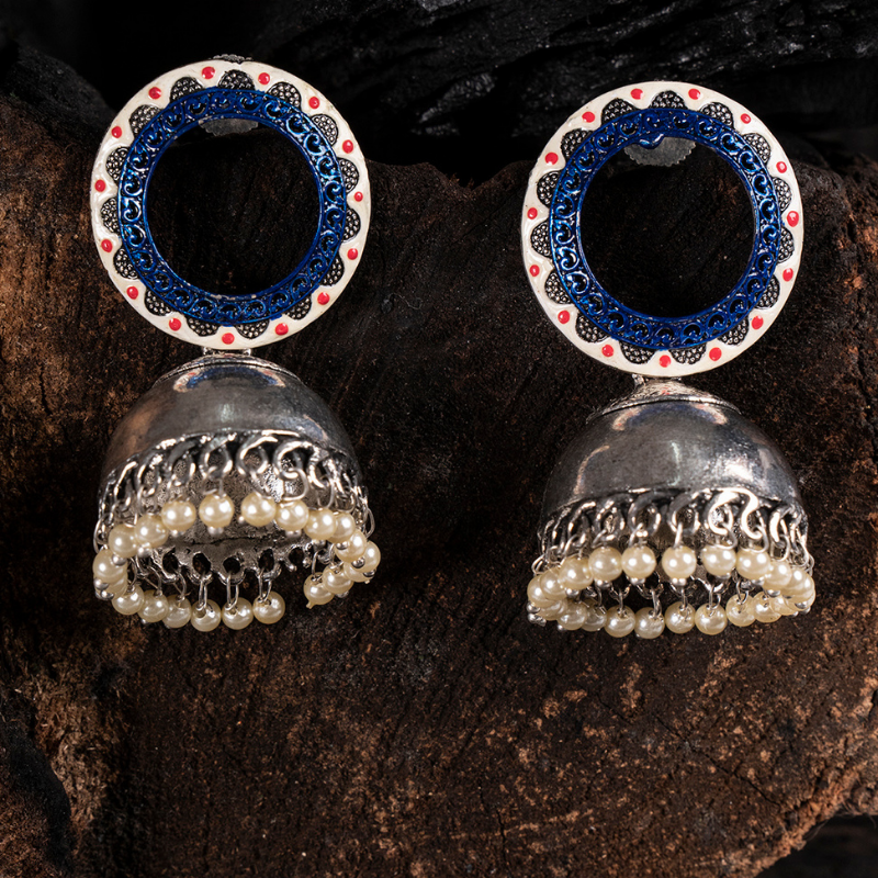 Silver-Toned Oxidised Blue White Jhumkas