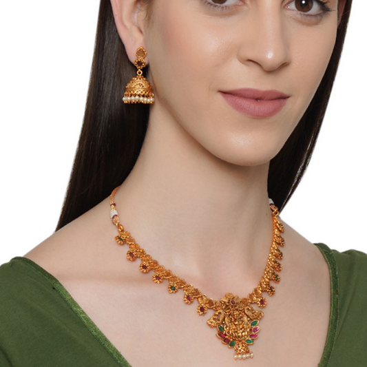 Gold-Plated Red Green Handcrafted Temple Short Necklace